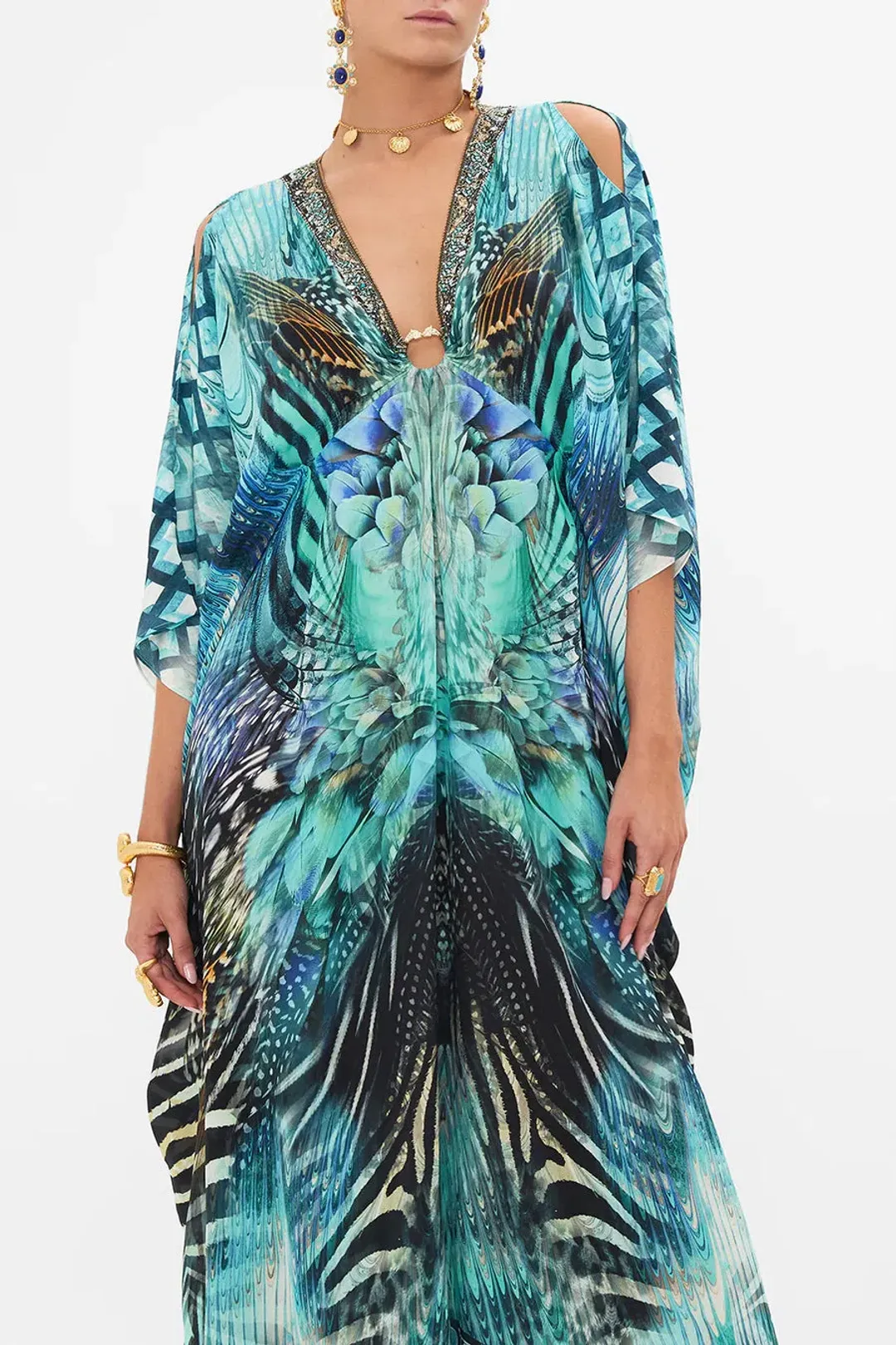 Camilla Azure Allure Split Sleeve Silk Kaftan With Hardware One Size for rent on The Volte - main image