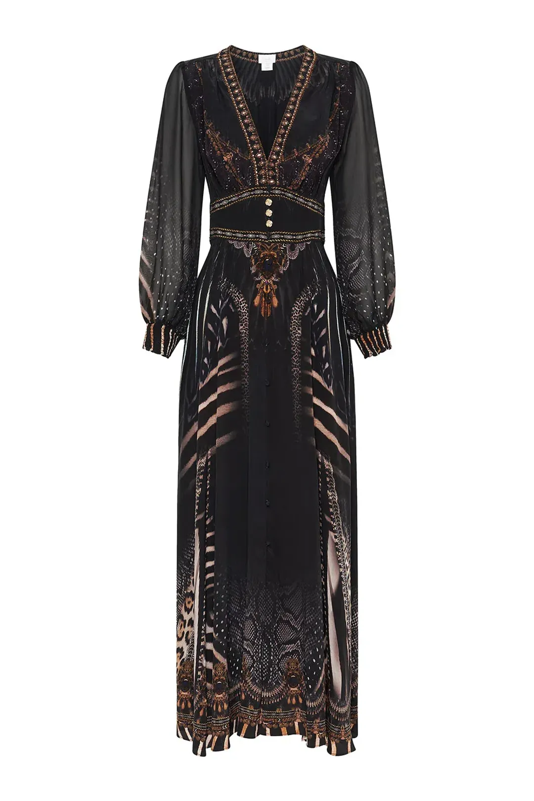 CAMILLA Silk Maxi Dress With Shaped Waistband Black Size S/Au 10  for rent on The Volte - main image