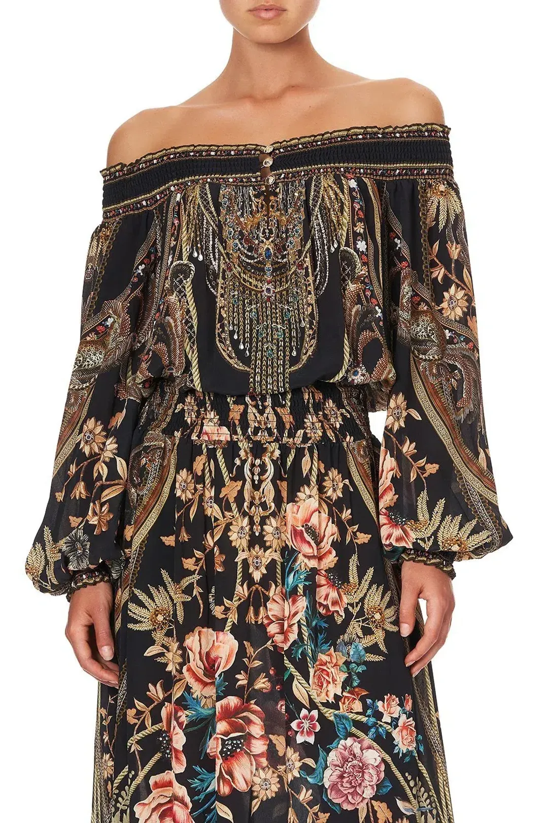 CAMILLA Off Shoulder Shirred Silk Maxi Dress Print Size S/Au 10  for rent on The Volte - main image