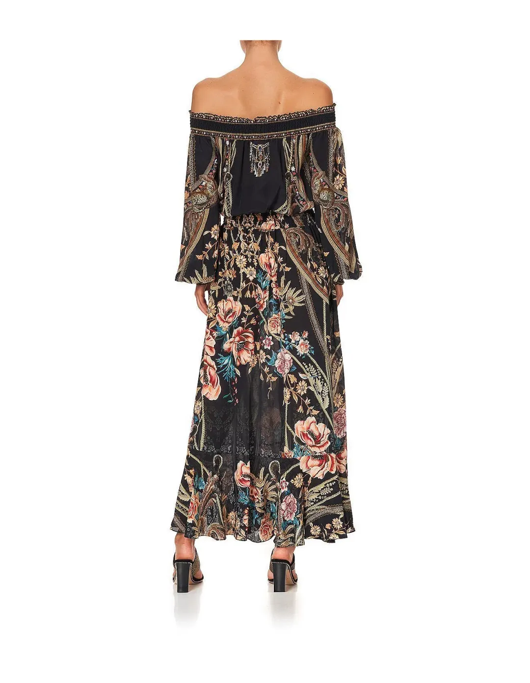 CAMILLA Off Shoulder Shirred Silk Maxi Dress Print Size S/Au 10  for rent on The Volte - main image