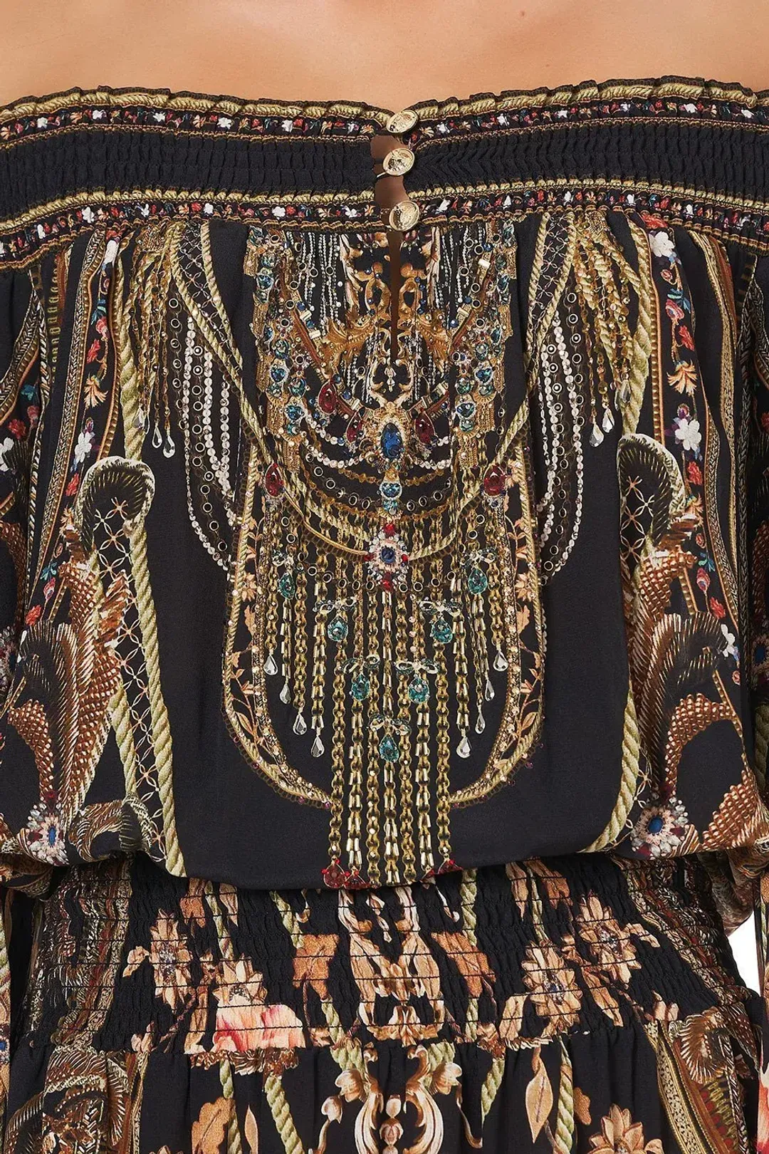 CAMILLA Off Shoulder Shirred Silk Maxi Dress Print Size S/Au 10  for rent on The Volte - main image