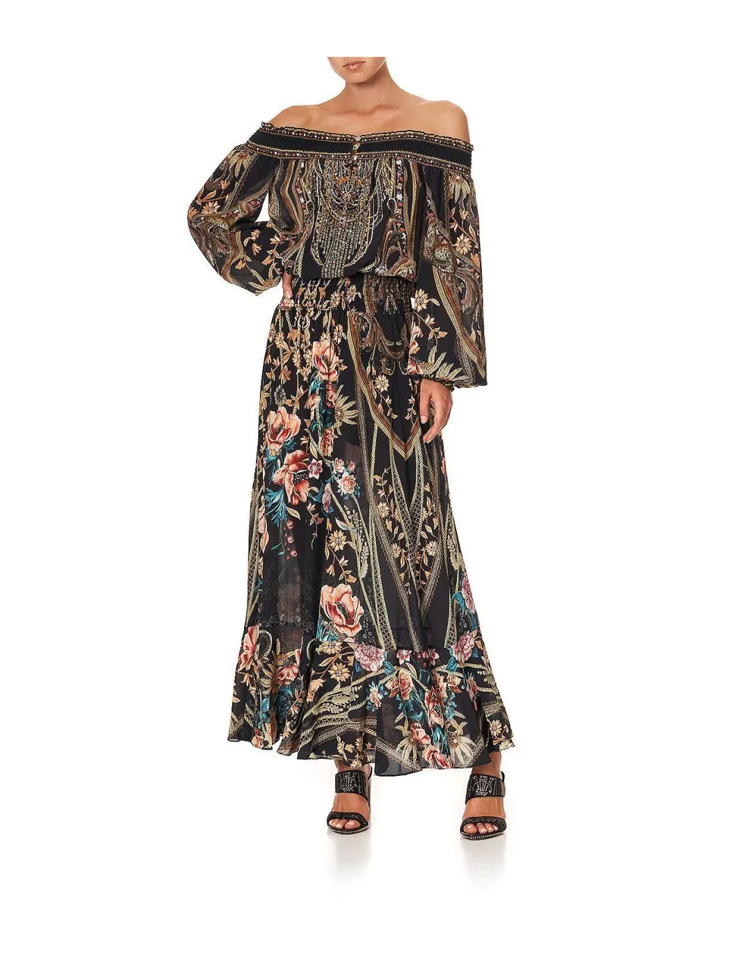 CAMILLA Off Shoulder Shirred Silk Maxi Dress Print Size S/Au 10  for rent on The Volte - main image