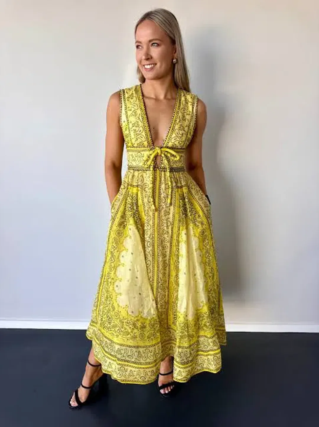 Zimmermann Matchmaker Bow Long Dress Yellow Bandana Size 3 / AU 14 for rent on The Volte - main image