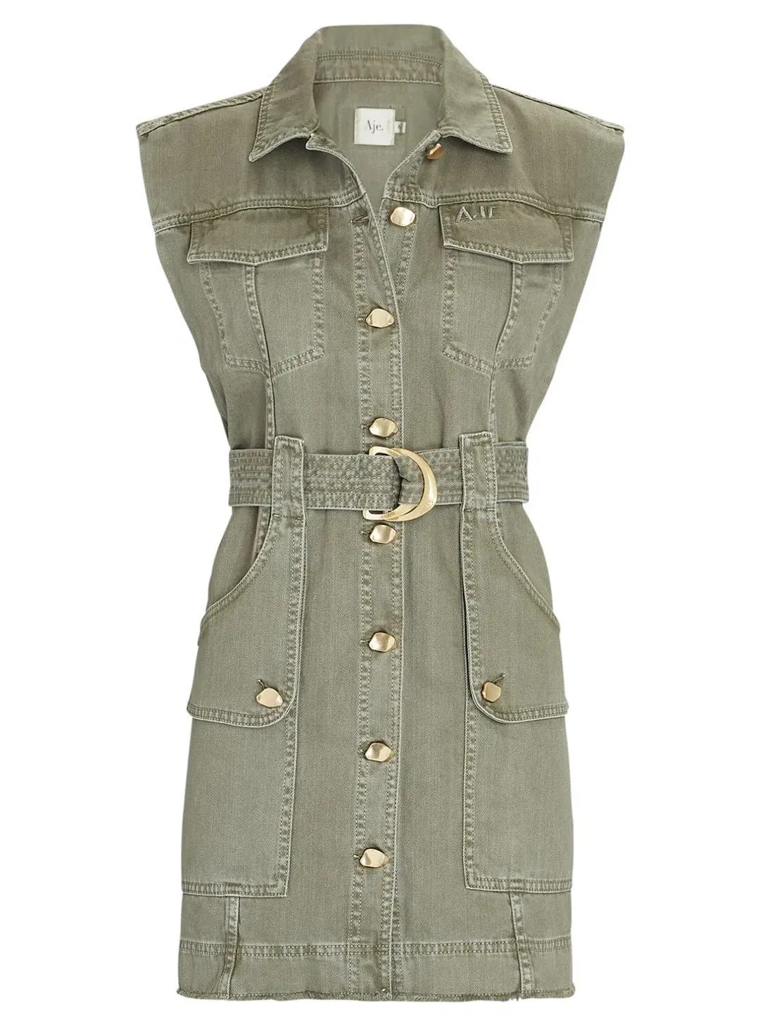Aje Darcel Denim Belted Sleeveless Mini Dress Oak Moss Size 8 for rent on The Volte - main image