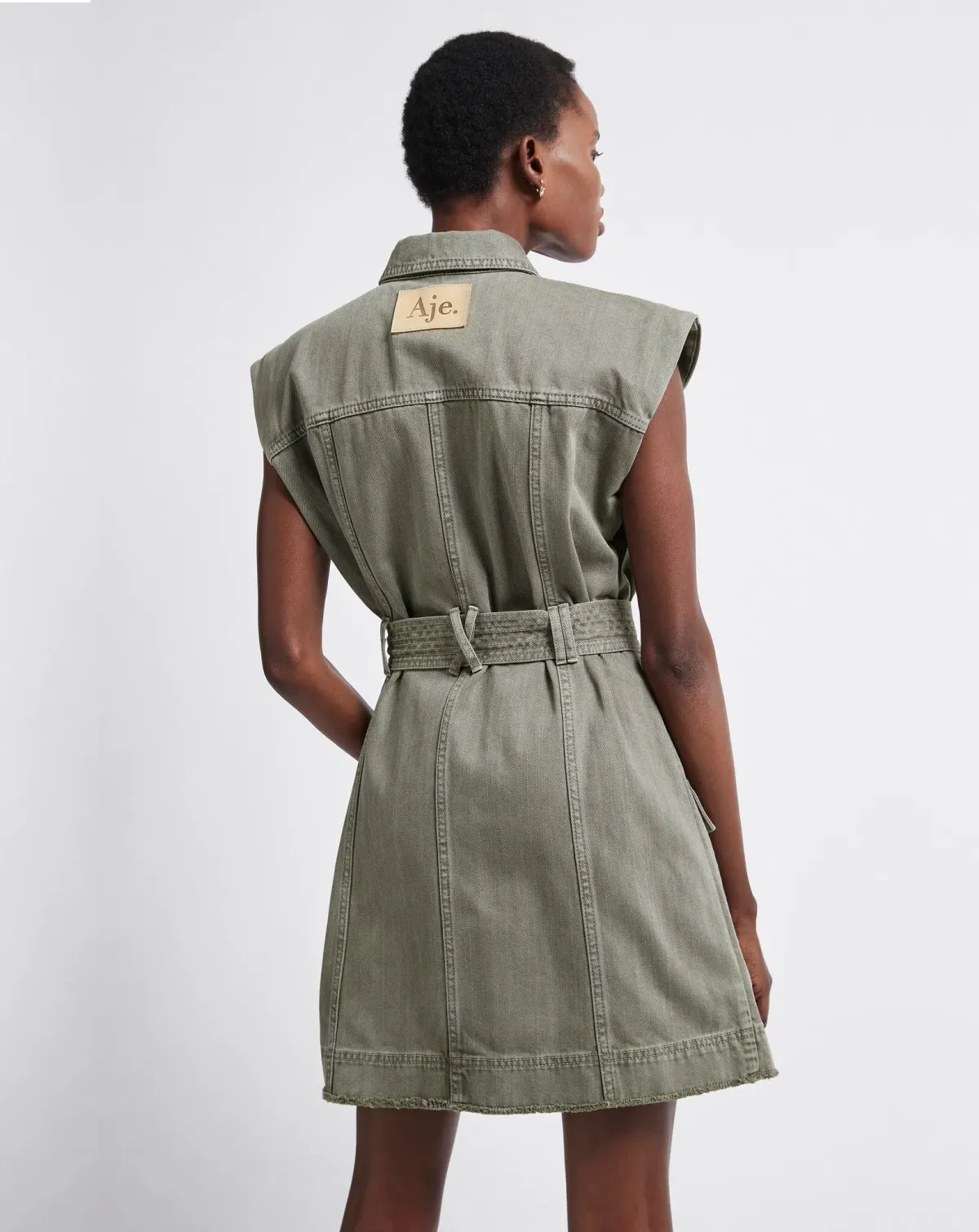 Aje Darcel Denim Belted Sleeveless Mini Dress Oak Moss Size 8 - Image 3