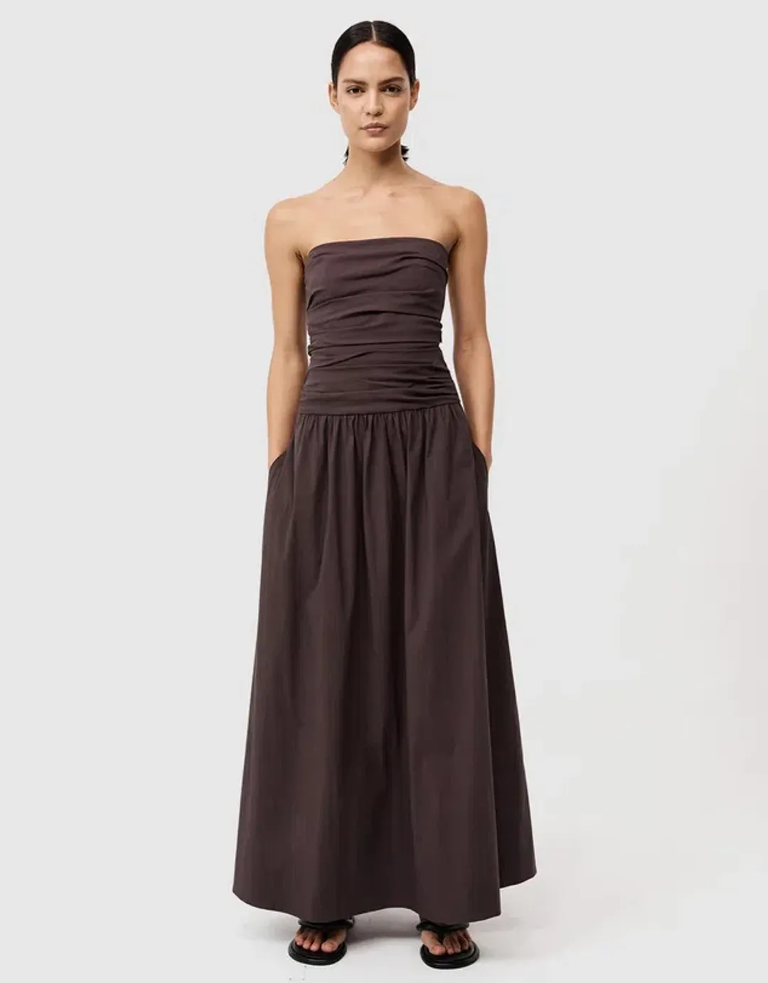 St Agni Gathered Strapless Tie Back Dress Brown Size 8 for rent on The Volte - main image