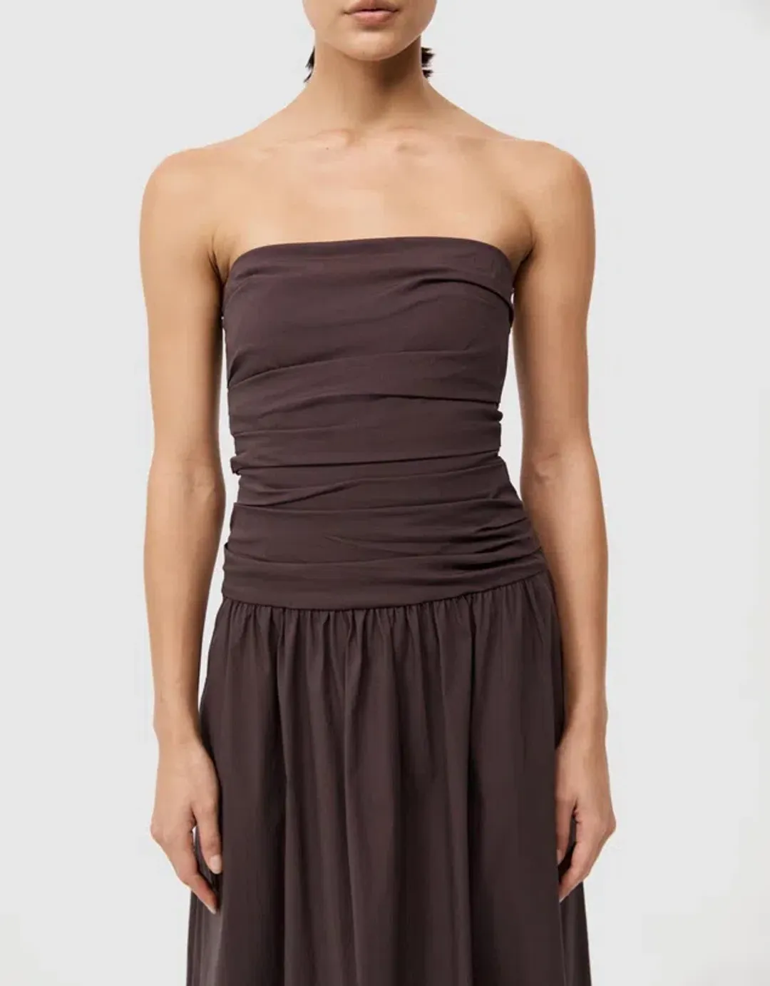 St Agni Gathered Strapless Tie Back Dress Brown Size 8 for rent on The Volte - main image
