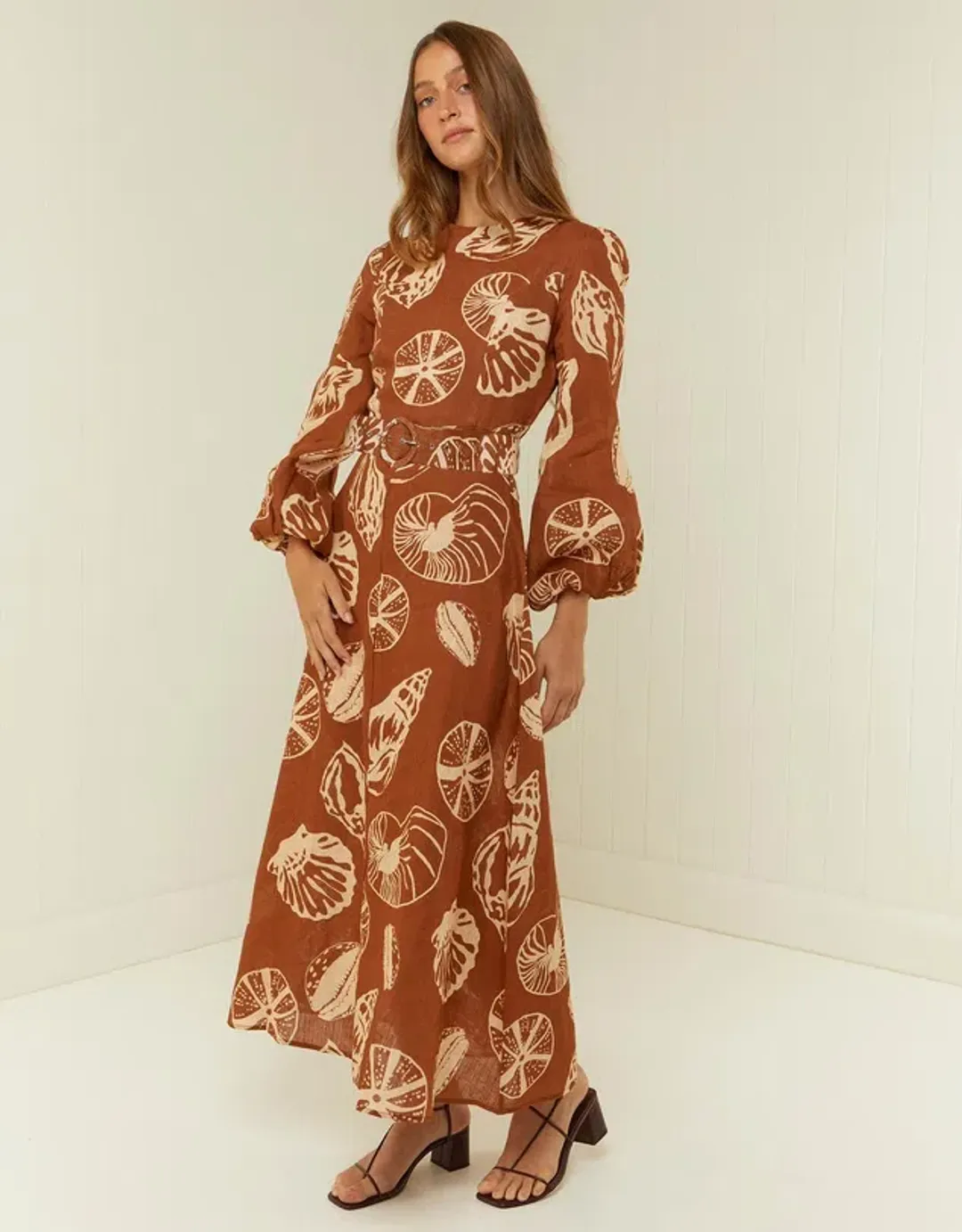 Palm Noosa Melrose Belted Long Sleeve Dress Brown Size 14  for rent on The Volte - main image