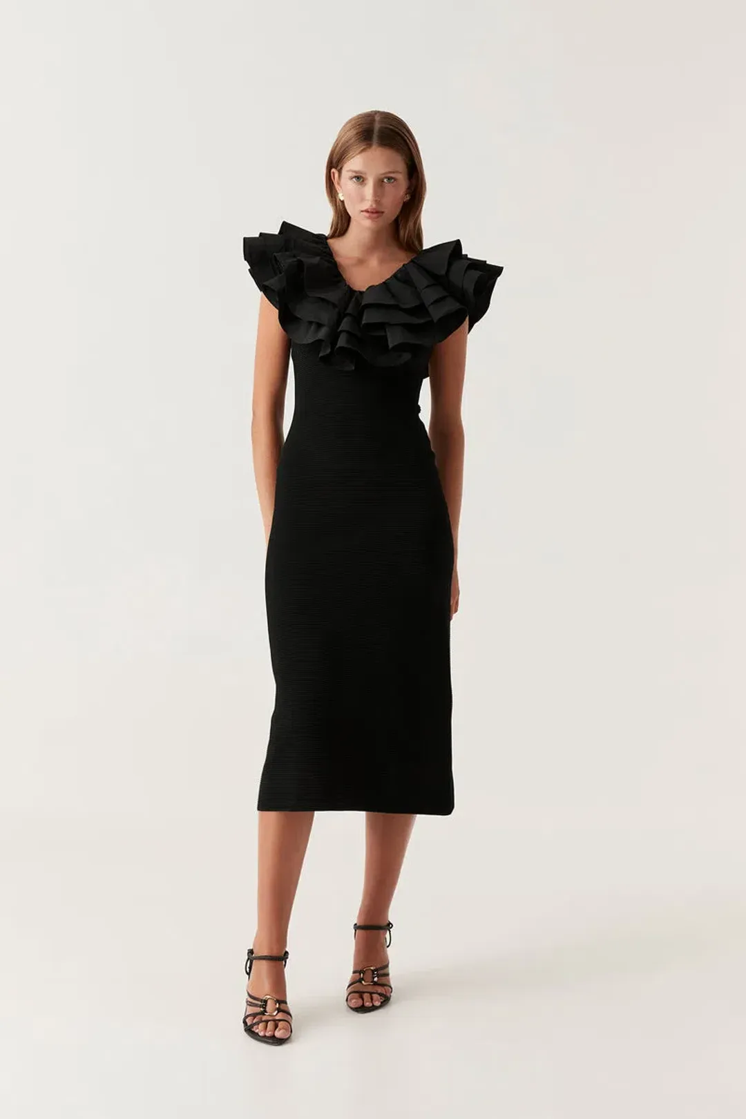 Aje Transcendent Ruffle Midi Dress Black Size 10-12 Medium for rent on The Volte - main image