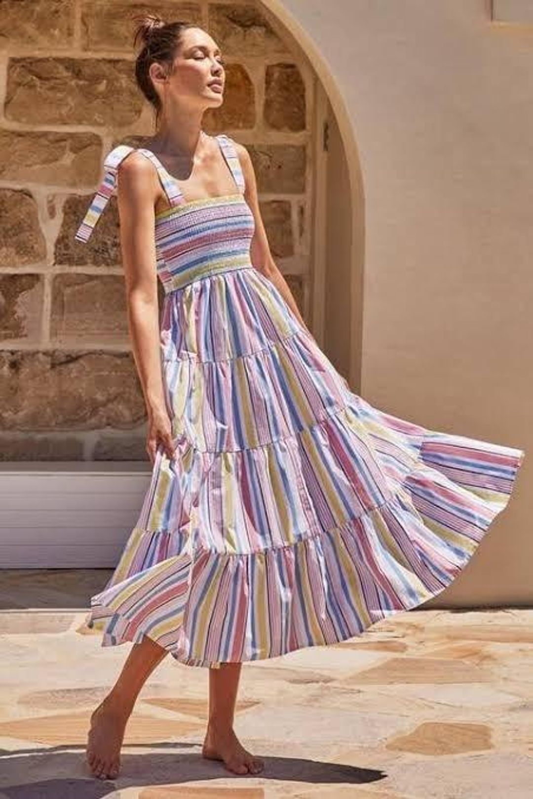 Mister Zimi Savannah Tie Midi Dress in Summer Stripe Size 10 for rent on The Volte - main image