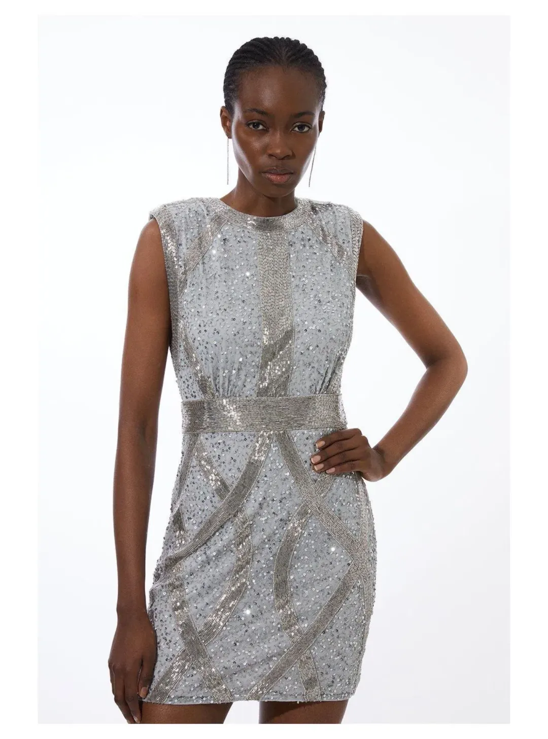 Karen Millen Embellished Strong Shoulder Woven Mini Dress Silver Size 16 for rent on The Volte - main image