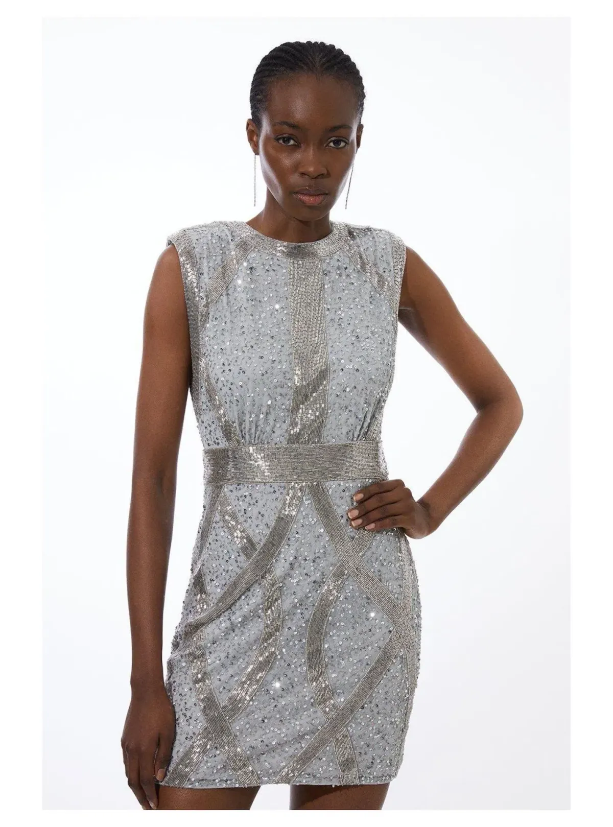 Karen Millen Embellished Strong Shoulder Woven Mini Dress Silver Size 16 - Image 1