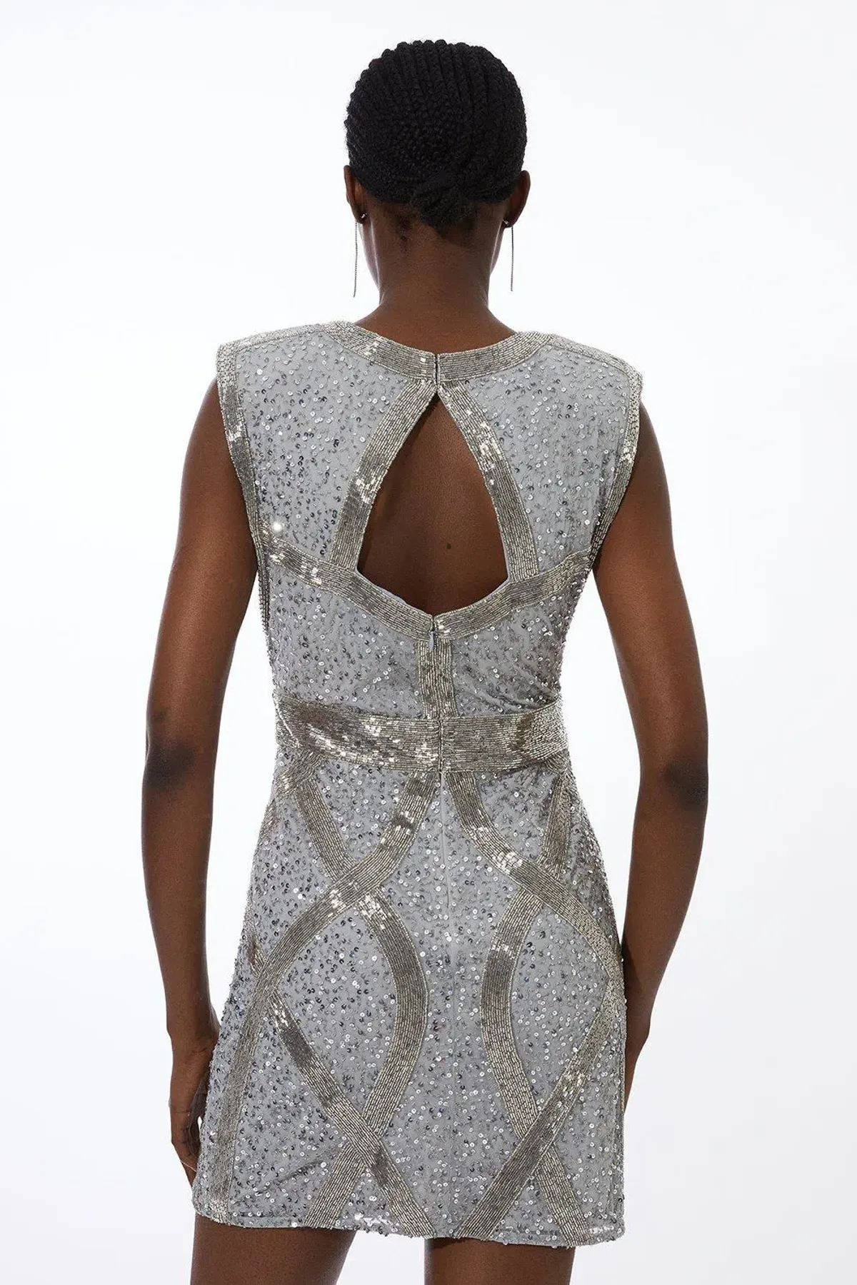 Karen Millen Embellished Strong Shoulder Woven Mini Dress Silver Size 16 - Image 2