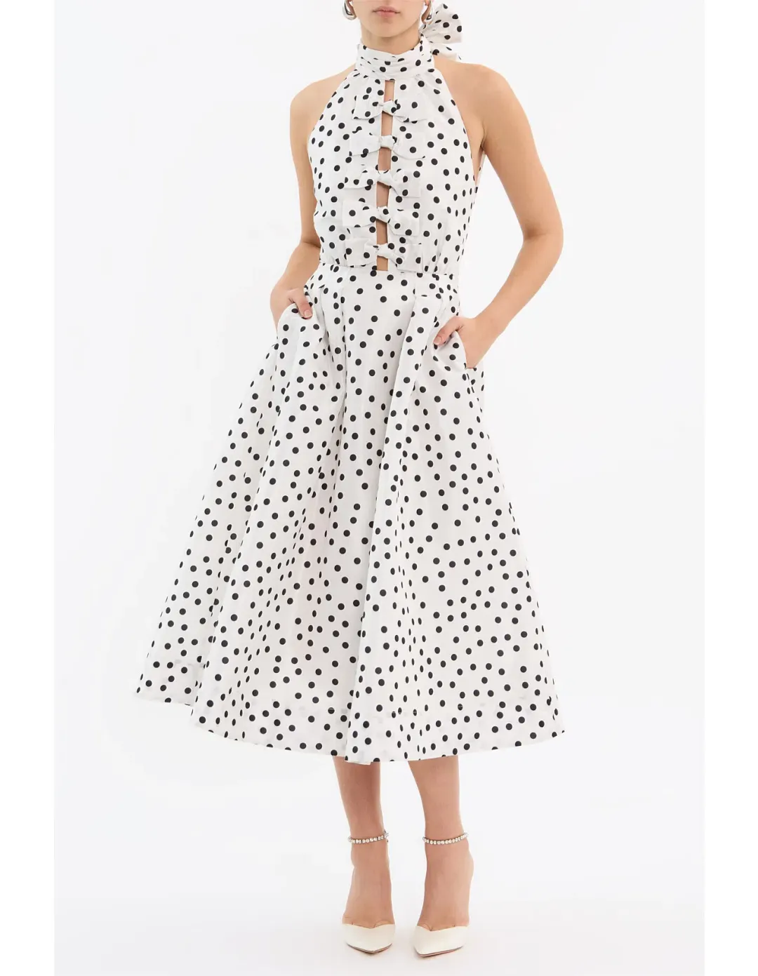 Rebecca Vallance Delia Halter Midi Dress Polka Dot Print Size 10 for rent on The Volte - main image