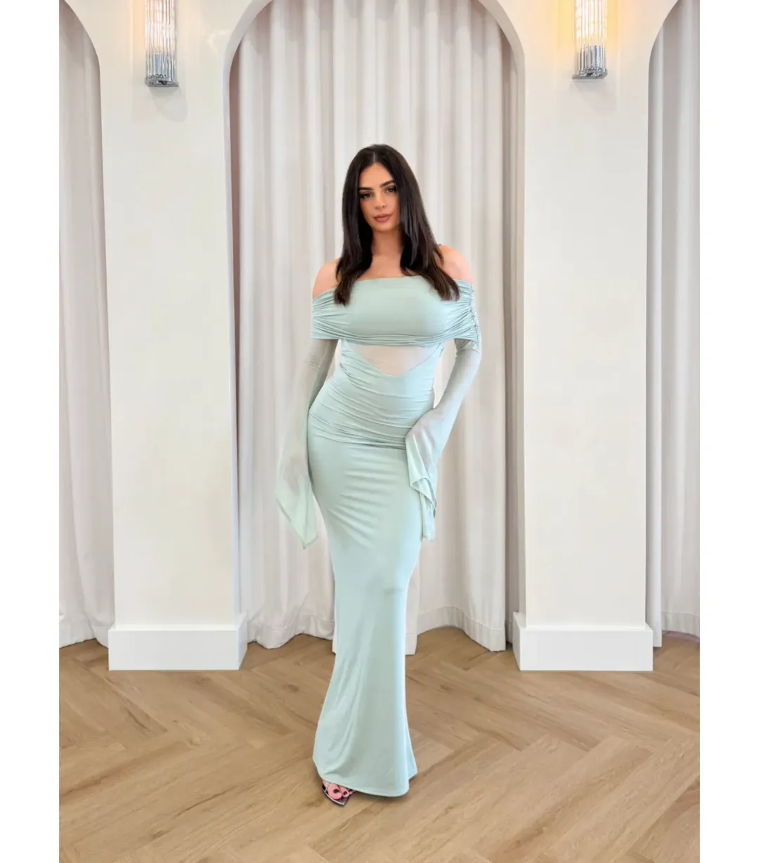 Meshki Kaitlin Slinky and Mesh Maxi Dress Basil Size S / AU 8 for rent on The Volte - main image