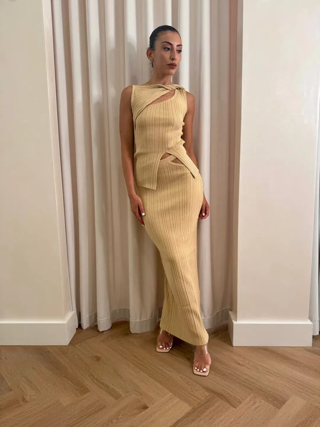 Henne The Romee Knit Top and Skirt Set in Gold Size S / AU 8  for rent on The Volte - main image