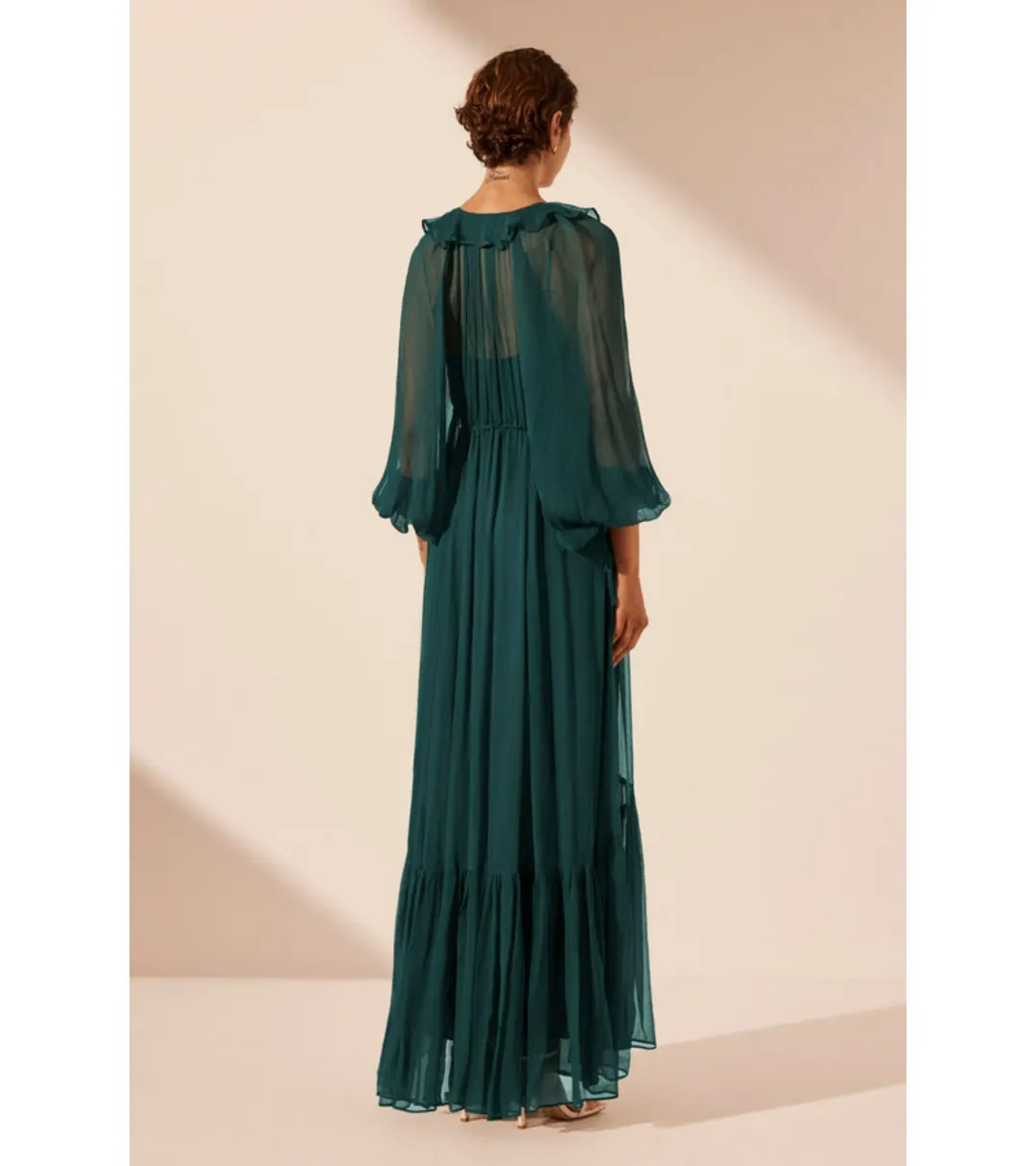 Shona Joy Layla Drawstring Ruffle Maxi Dress Dark Teal Size AU 14 for rent on The Volte - main image