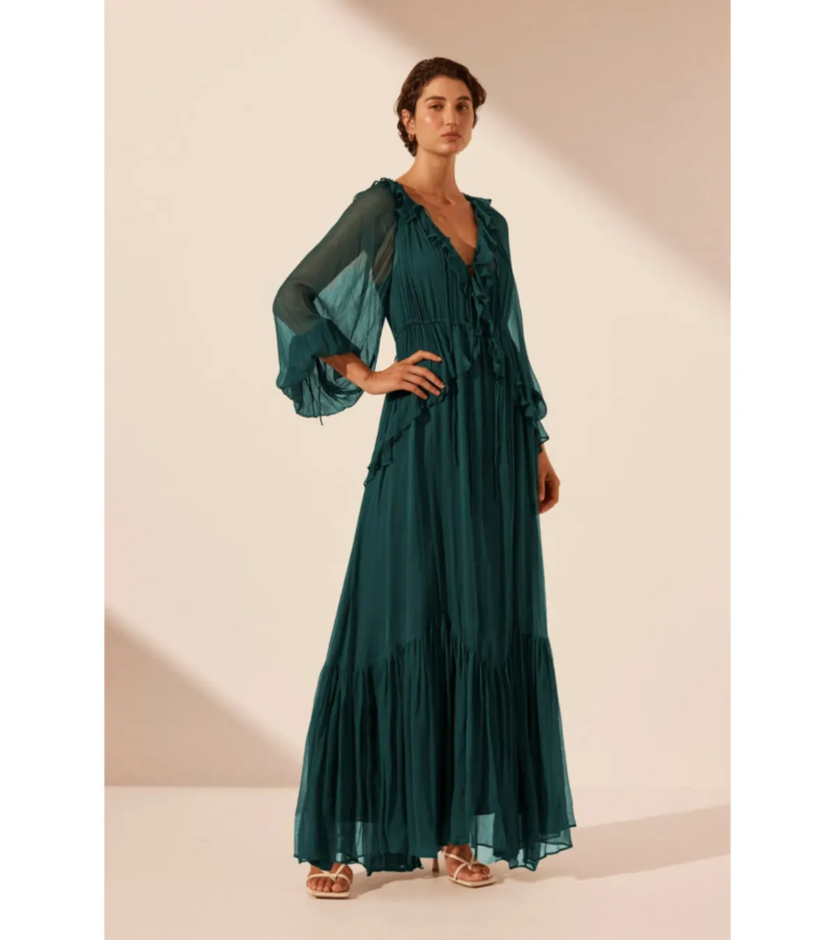 Shona Joy Layla Drawstring Ruffle Maxi Dress Dark Teal Size AU 14 - Image 2