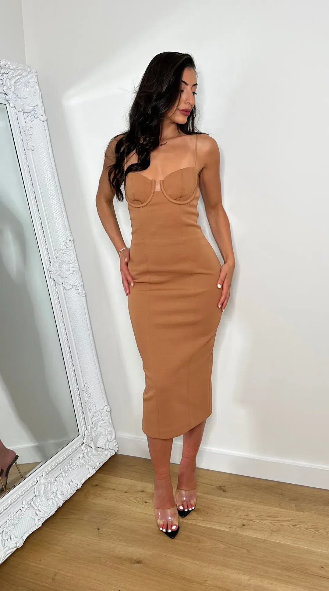 Misha Cristal Bonded Crepe Midi Dress Praline Brown Size 8/S for rent on The Volte - main image