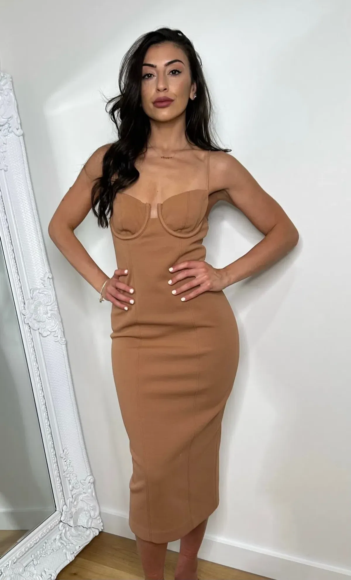 Misha Cristal Bonded Crepe Midi Dress Praline Brown Size 8/S - Image 2