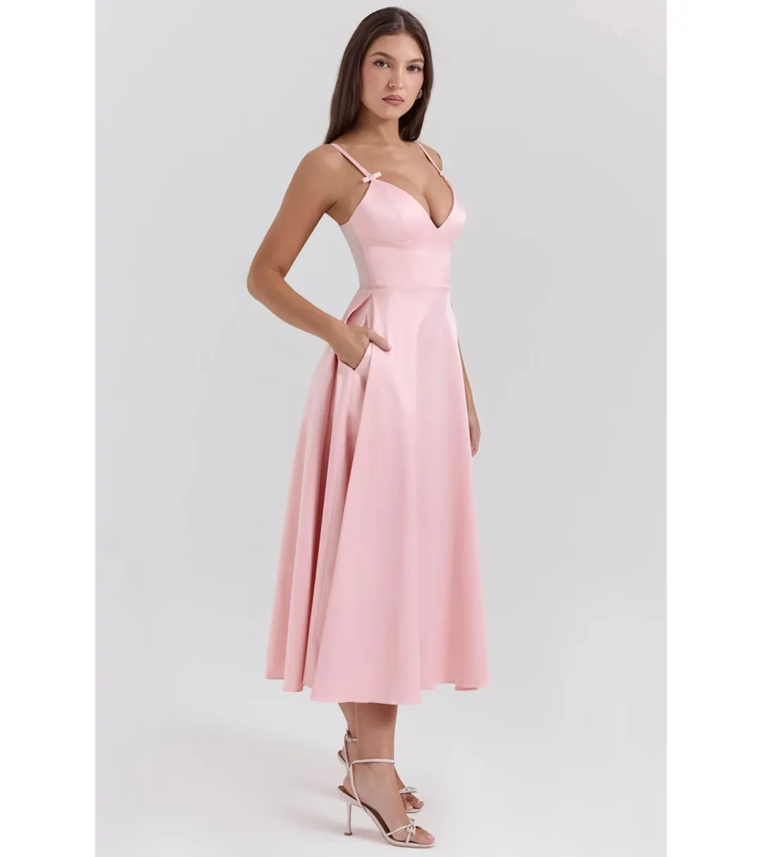 House of CB Tiffany Satin A-Line Midi Dress Parisian Pink Size S / AU 8 for rent on The Volte - main image