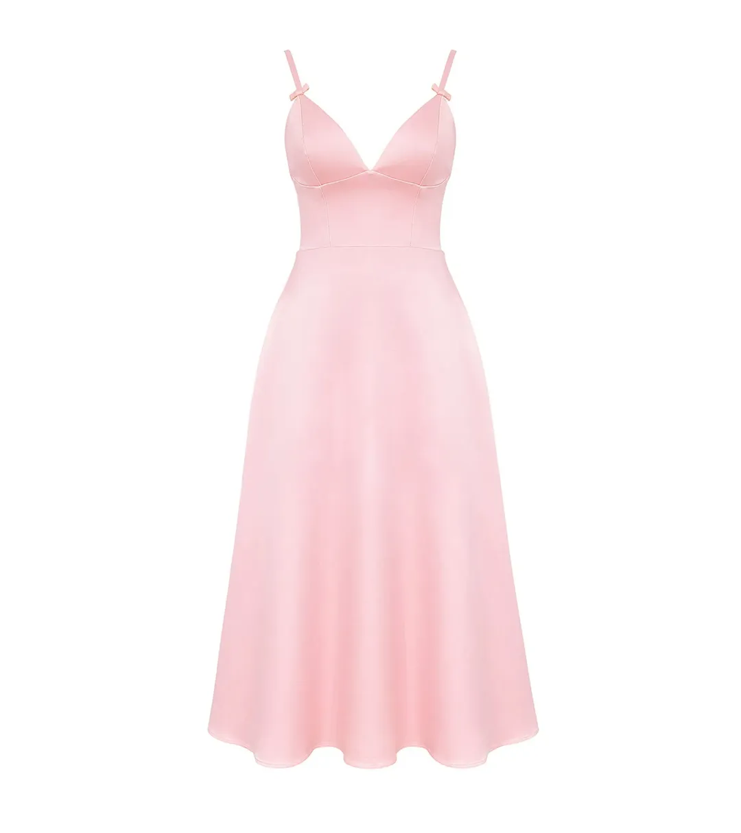 House of CB Tiffany Satin A-Line Midi Dress Parisian Pink Size S / AU 8 for rent on The Volte - main image