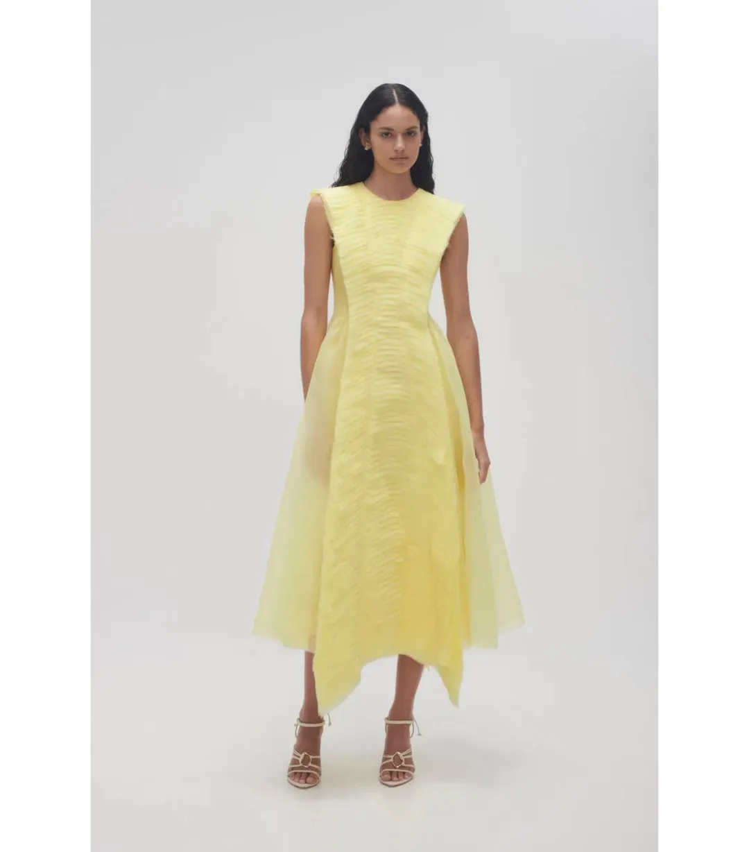 Aje Astrid Pleat Panel Midi Dress Soft Lemon Yellow Size AU 6 for rent on The Volte - main image