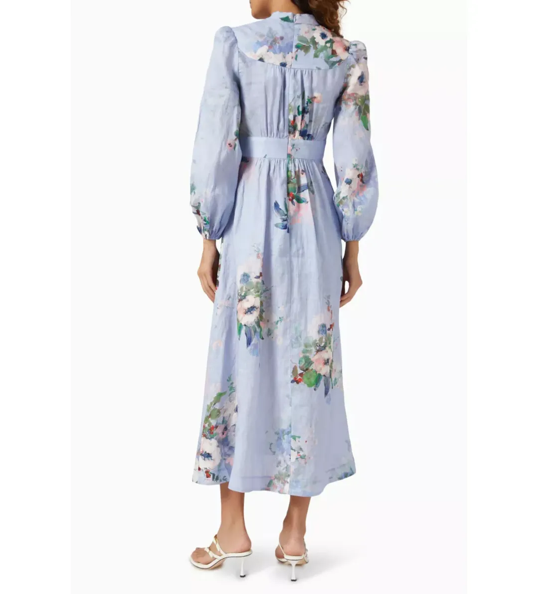 Zimmermann The Everley Plunge Midi Dress in Light Blue Watercolour Floral  Size 2/Au  12 for rent on The Volte - main image