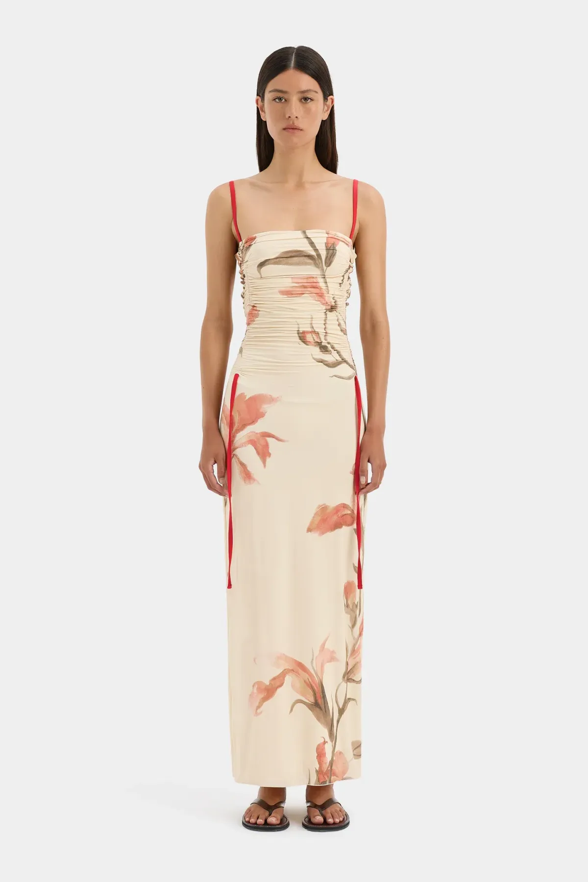 Sir The Label Hana Ruched Midi Dress Gladioli Print Size 10 - Image 1