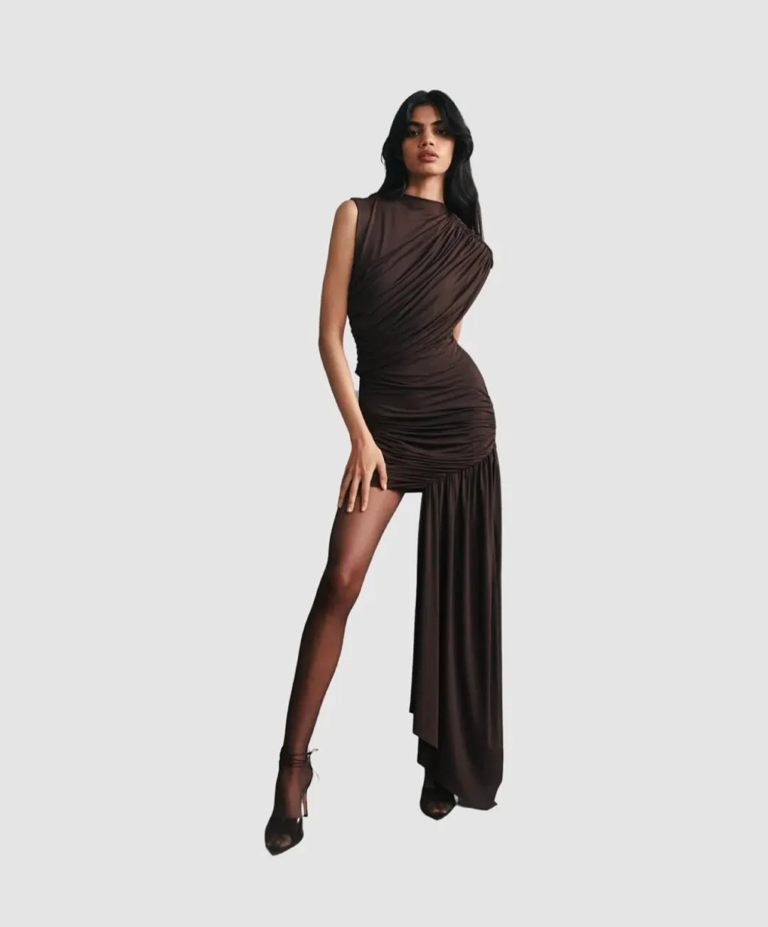 De La Vali Ravenna Draped Jersey Mini Dress Brown Size 8 for rent on The Volte - main image