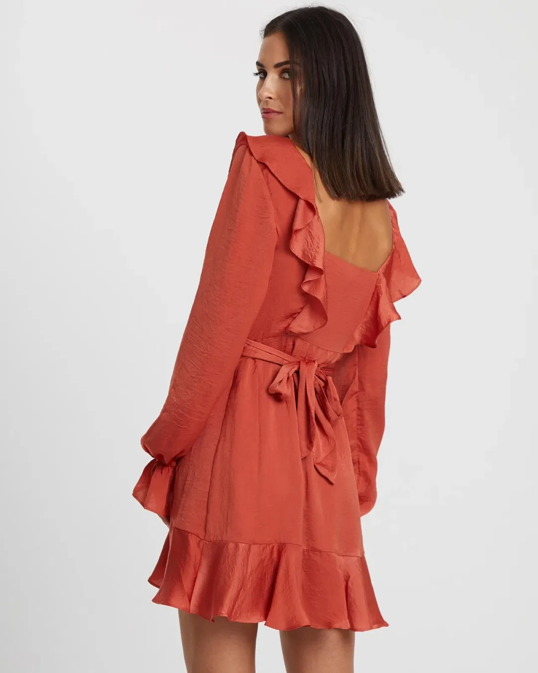 Tussah Burnt Orange Frill Wrap Mini Dress size 16 for rent on The Volte - main image