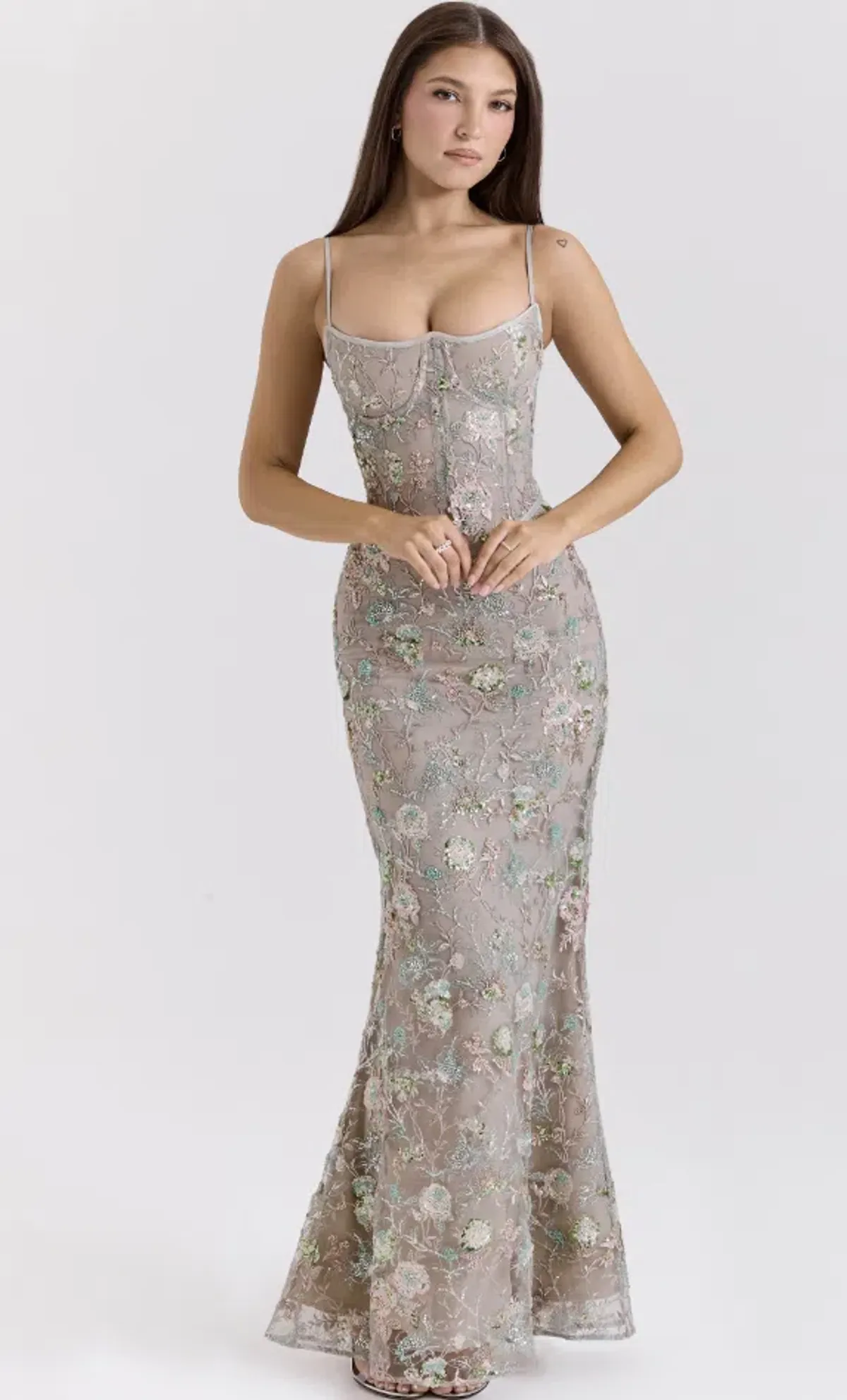 House of CB Naima Silver Embellished Beaded Corset Maxi Dress Regular Cup Size 8 for rent on The Volte - main image
