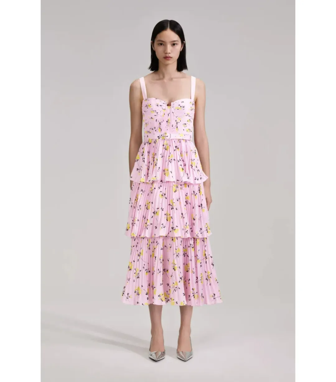 Self Portrait Tiered Midi Dress Pink Floral Print Size AU 6 for rent on The Volte - main image