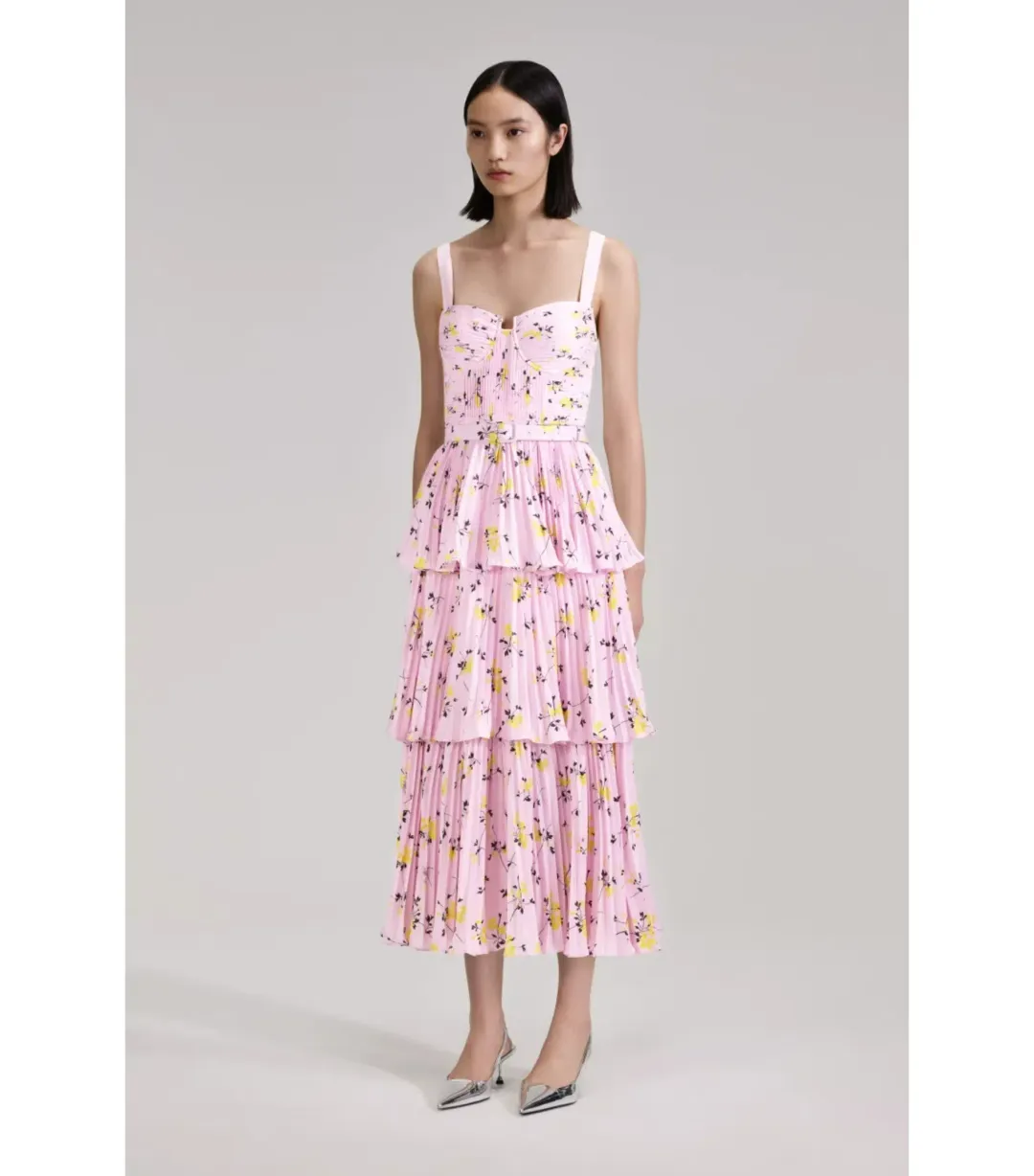 Self Portrait Tiered Midi Dress Pink Floral Print Size AU 6 for rent on The Volte - main image
