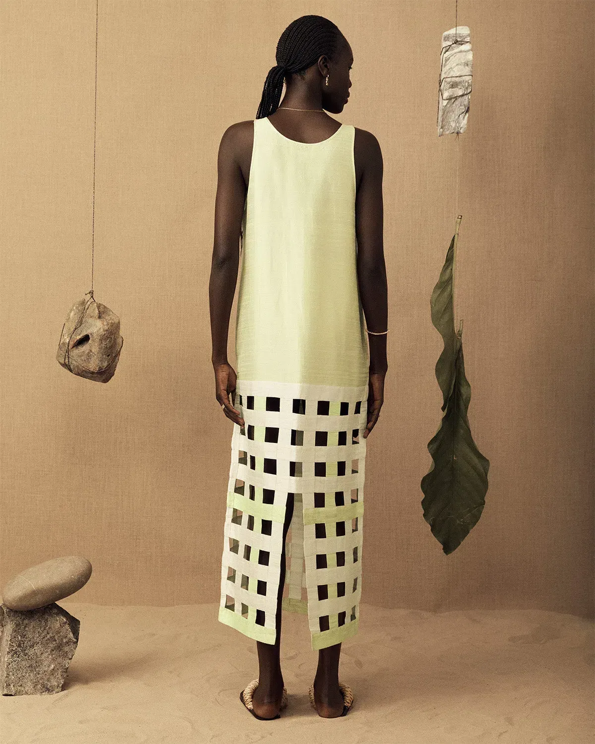 Lucy Folk Silk Long Grid Dress White Size 2/Au 10/Medium  - Image 3