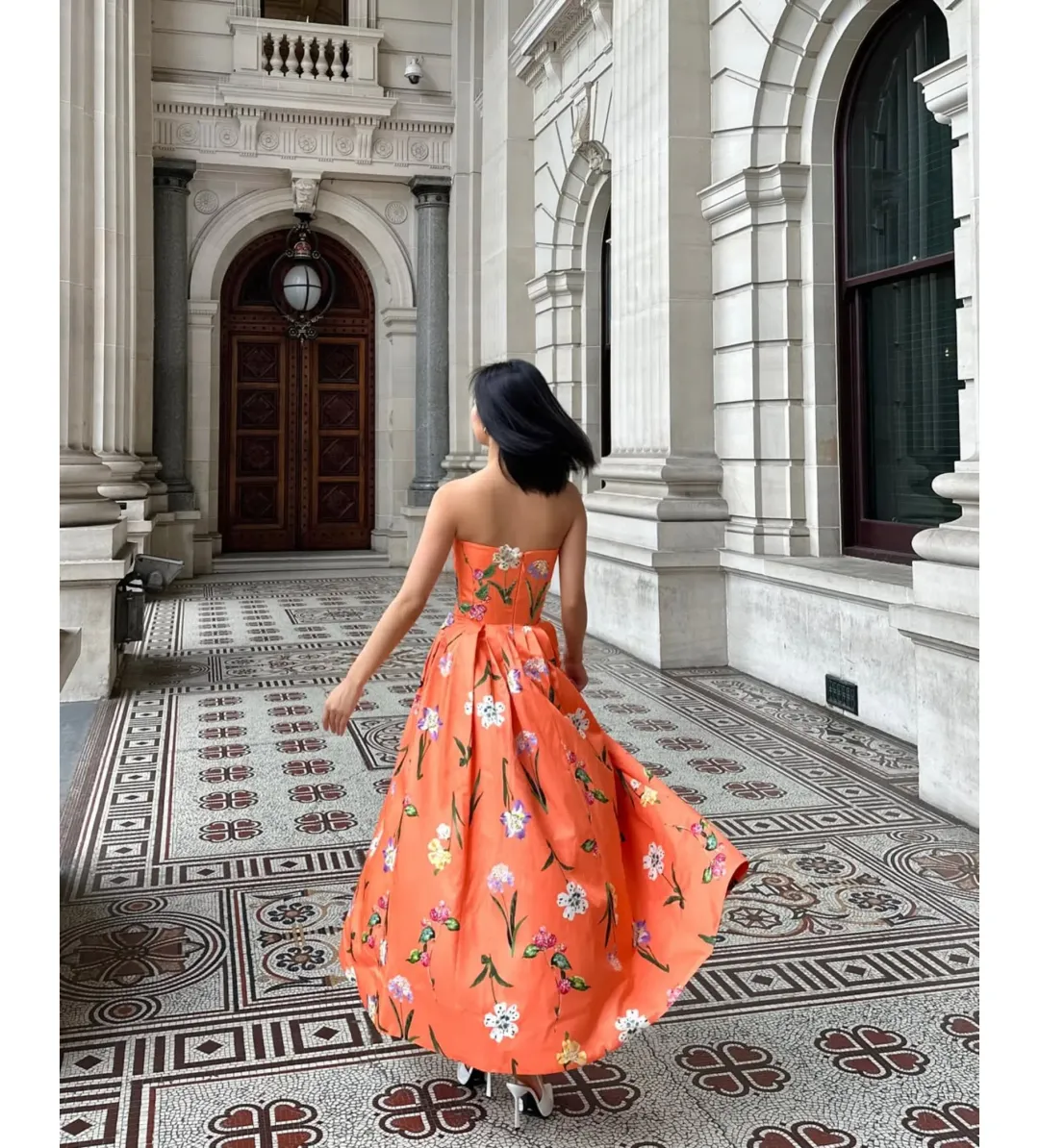 Leo Lin Lynn Bustier Midi Dress Coral Floral Size 10 for rent on The Volte - main image