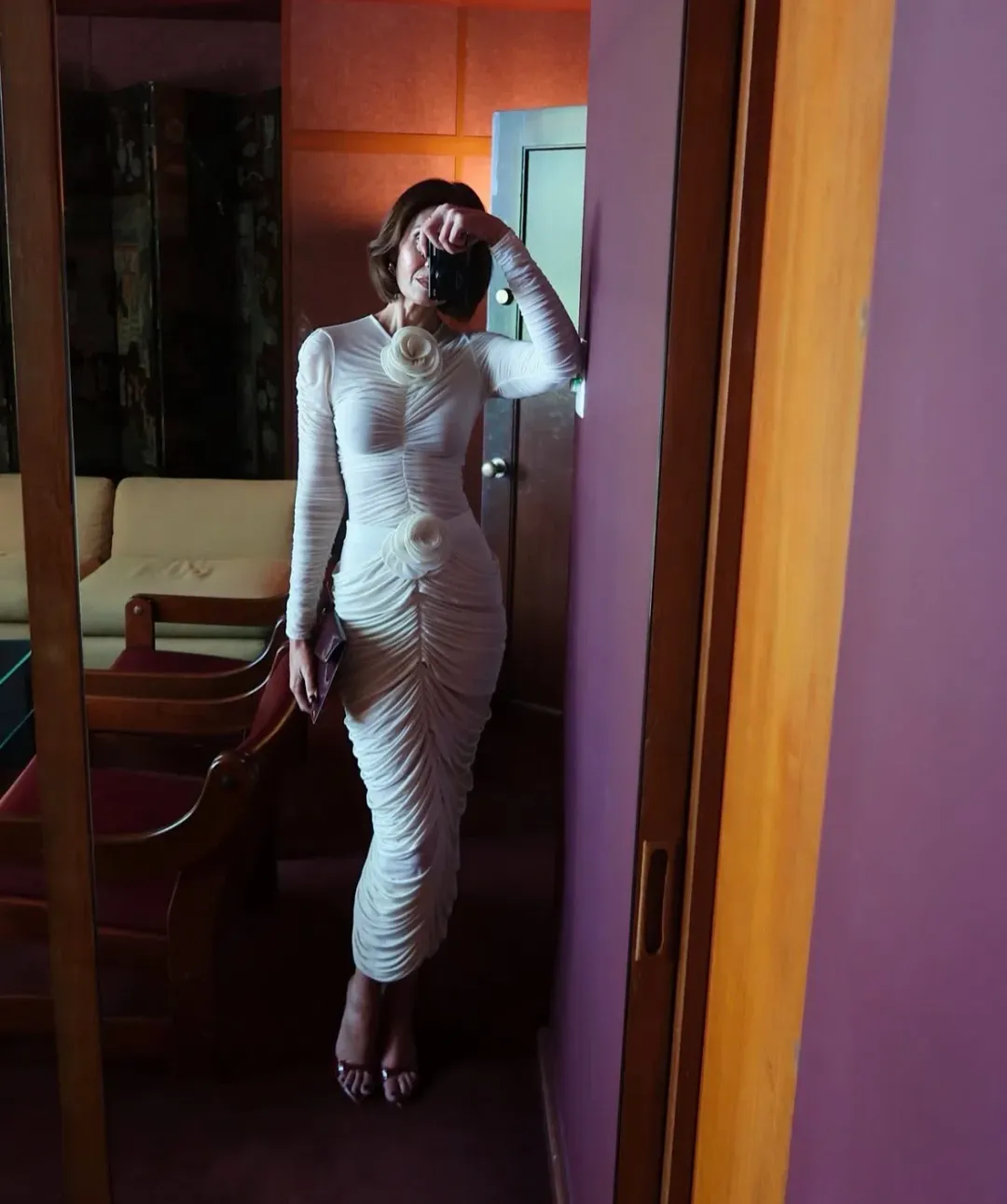 Magda Butrym Floral-Appliqué Ruched Midi Top and Skirt Set Cream Size 6 for rent on The Volte - main image