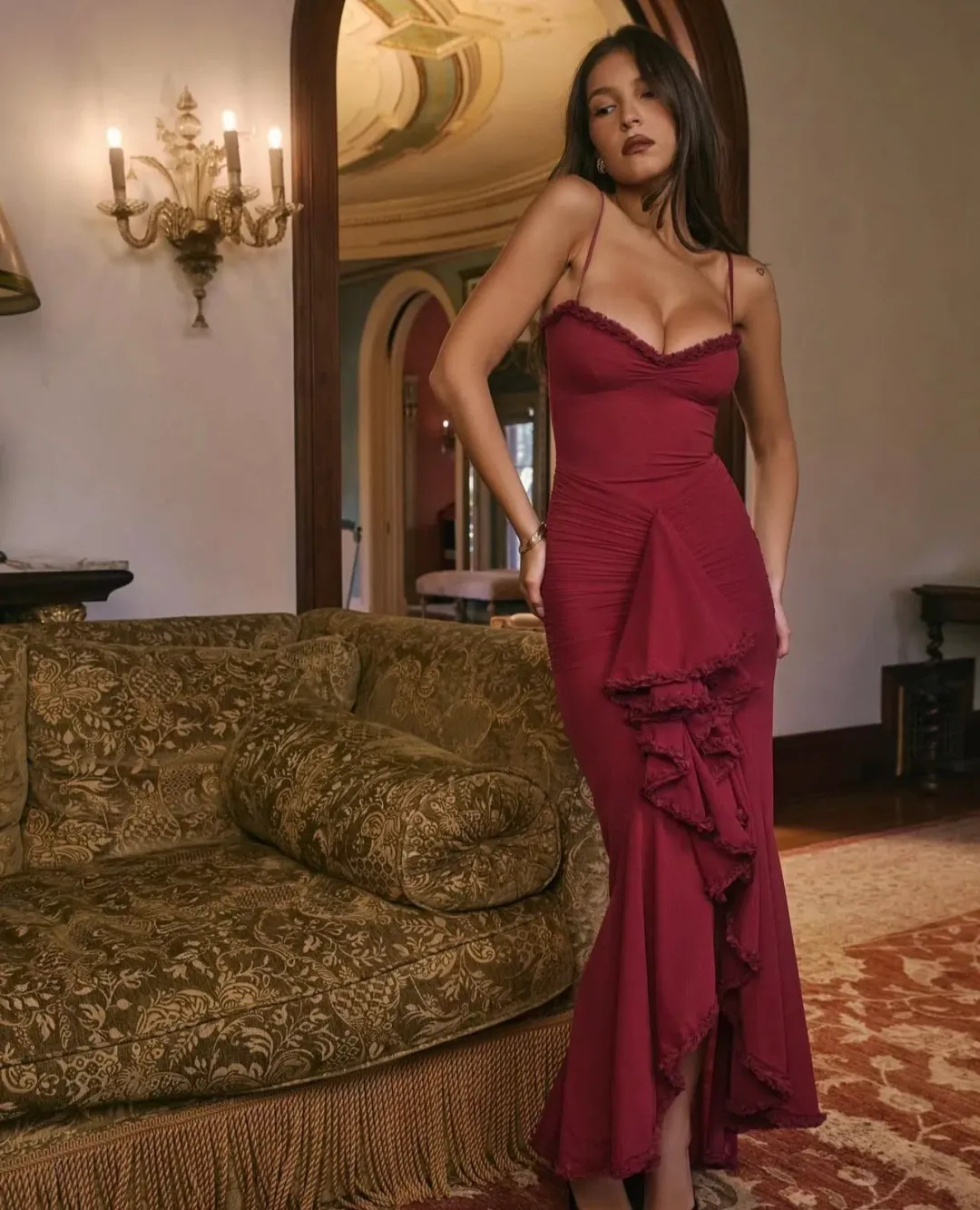 House of CB Gabbi Rufflled Front Gown Wine Size 12 for rent on The Volte - main image