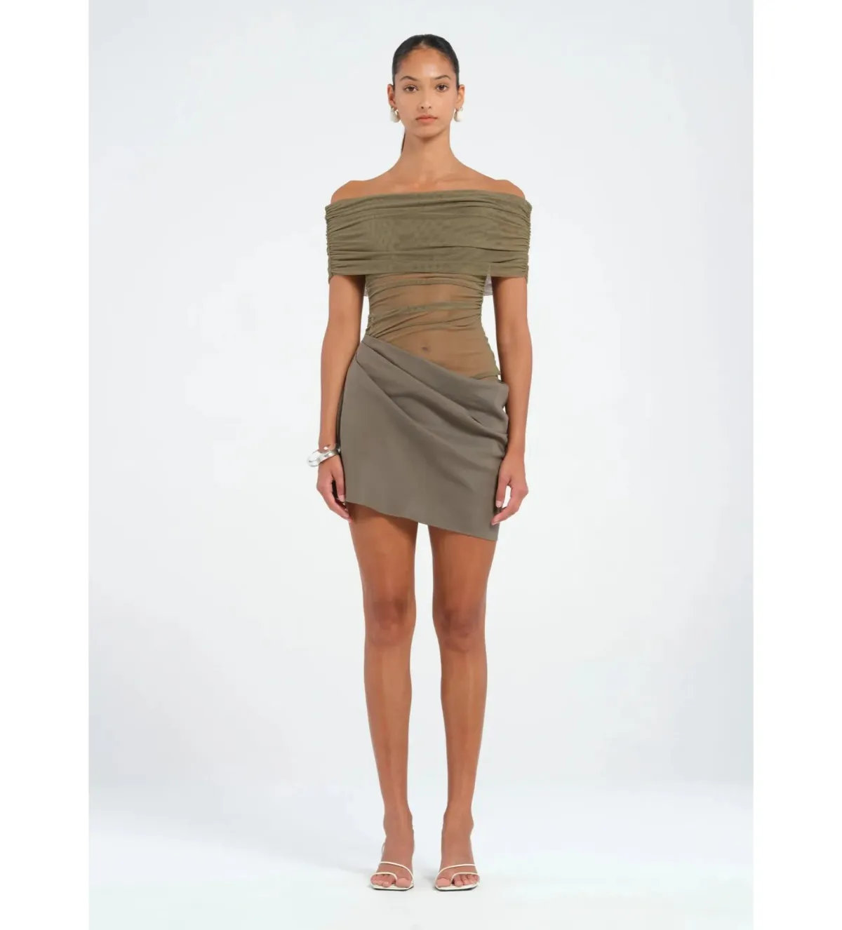Benni Nico Off Shoulder Mini Dress in Khaki Size AU 8 - Image 1
