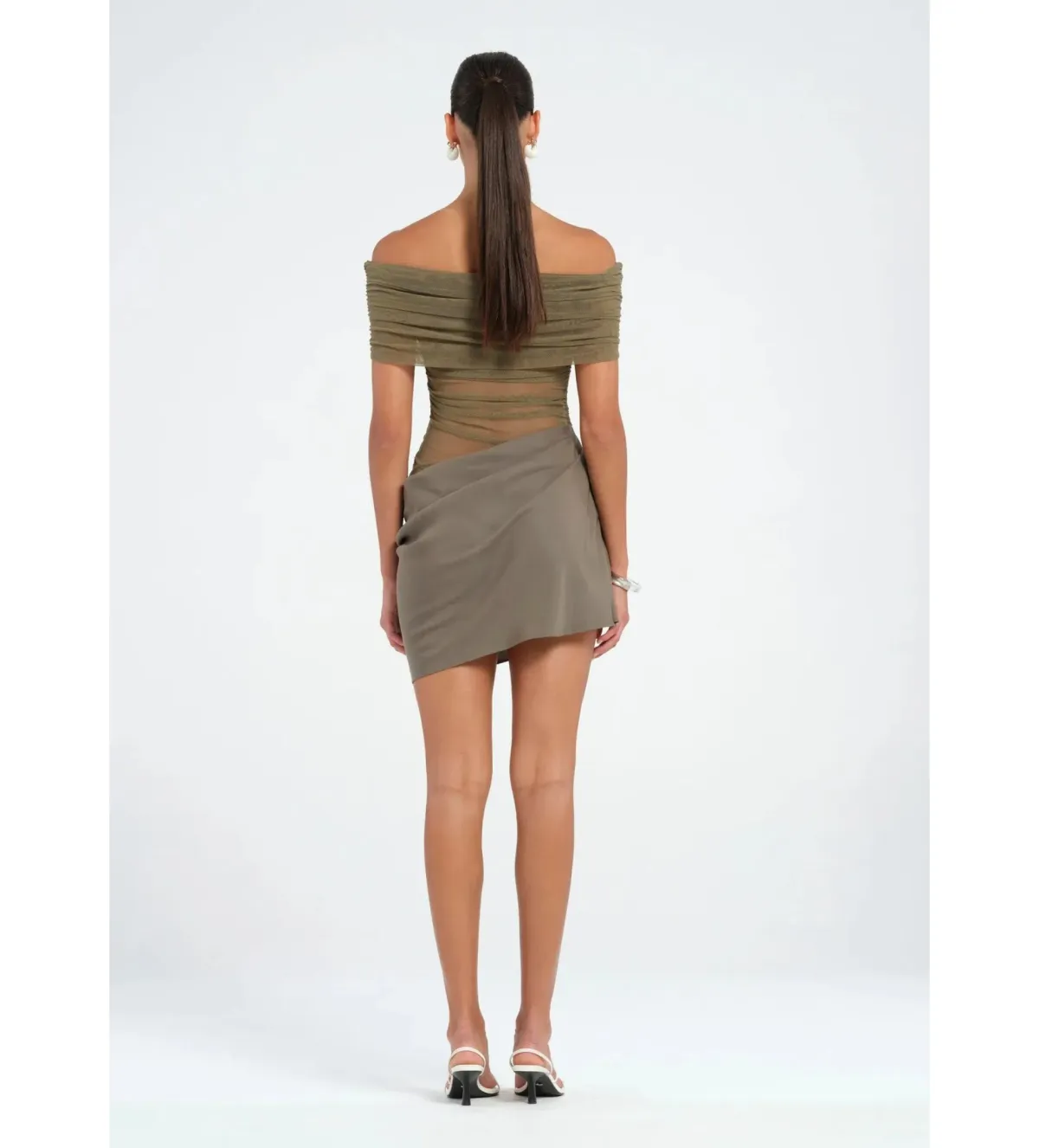 Benni Nico Off Shoulder Mini Dress in Khaki Size AU 10 - Image 3