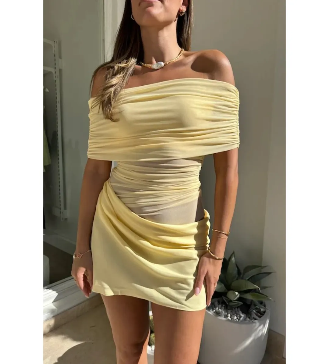 Benni Nico Off Shoulder Mini Dress Butter Size AU 6 for rent on The Volte - main image