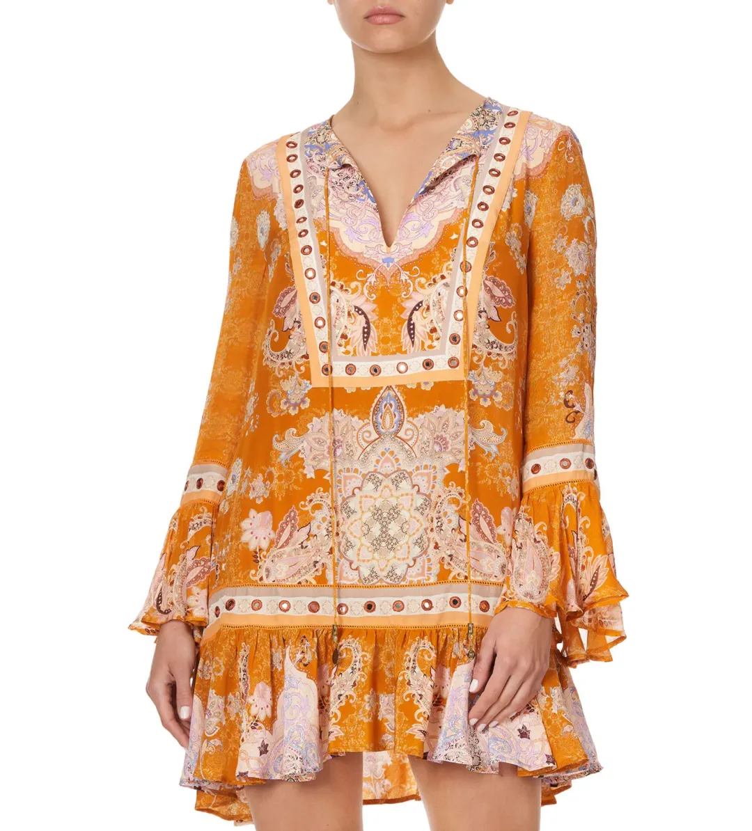 Camilla Marrakesh Maiden  Frill Hem Long Sleeve Dress Orange Size S / AU 10 for rent on The Volte - main image