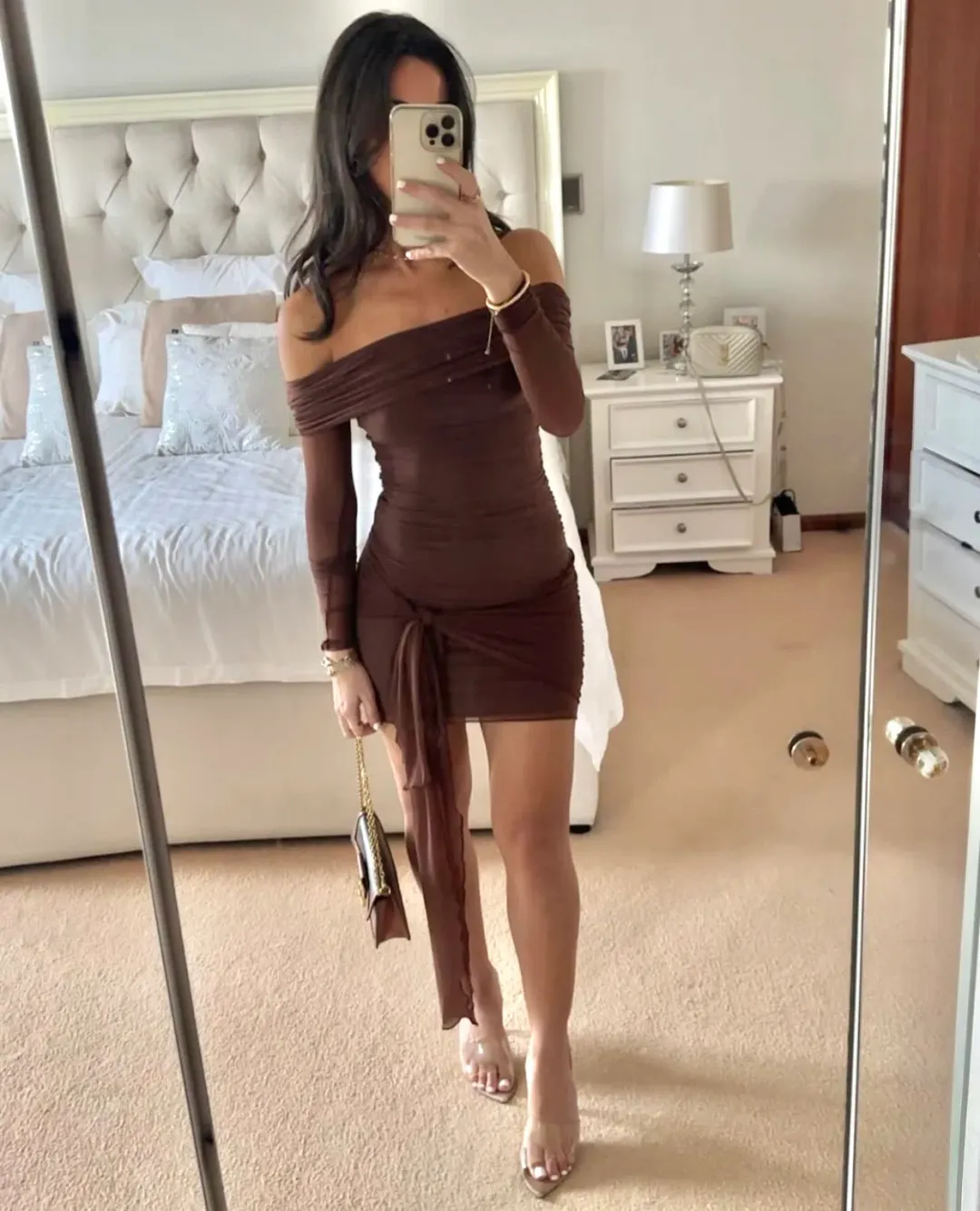 Benni Yasmin Off Shoulder Mini Dress Cacao Brown Size XS / AU 6 for rent on The Volte - main image