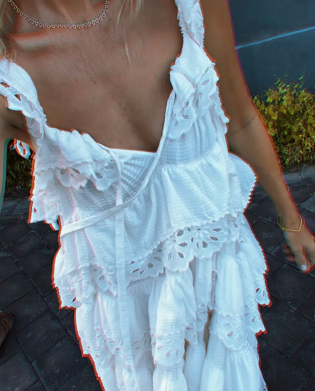 Innika Choo Schiffli Lace Frill Maxi Dress White Size 18 for rent on The Volte - main image