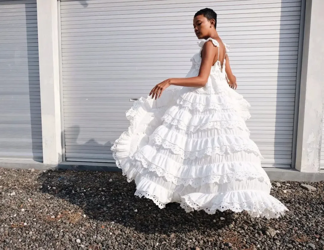 Innika Choo Schiffli Lace Frill Maxi Dress White Size 18 for rent on The Volte - main image