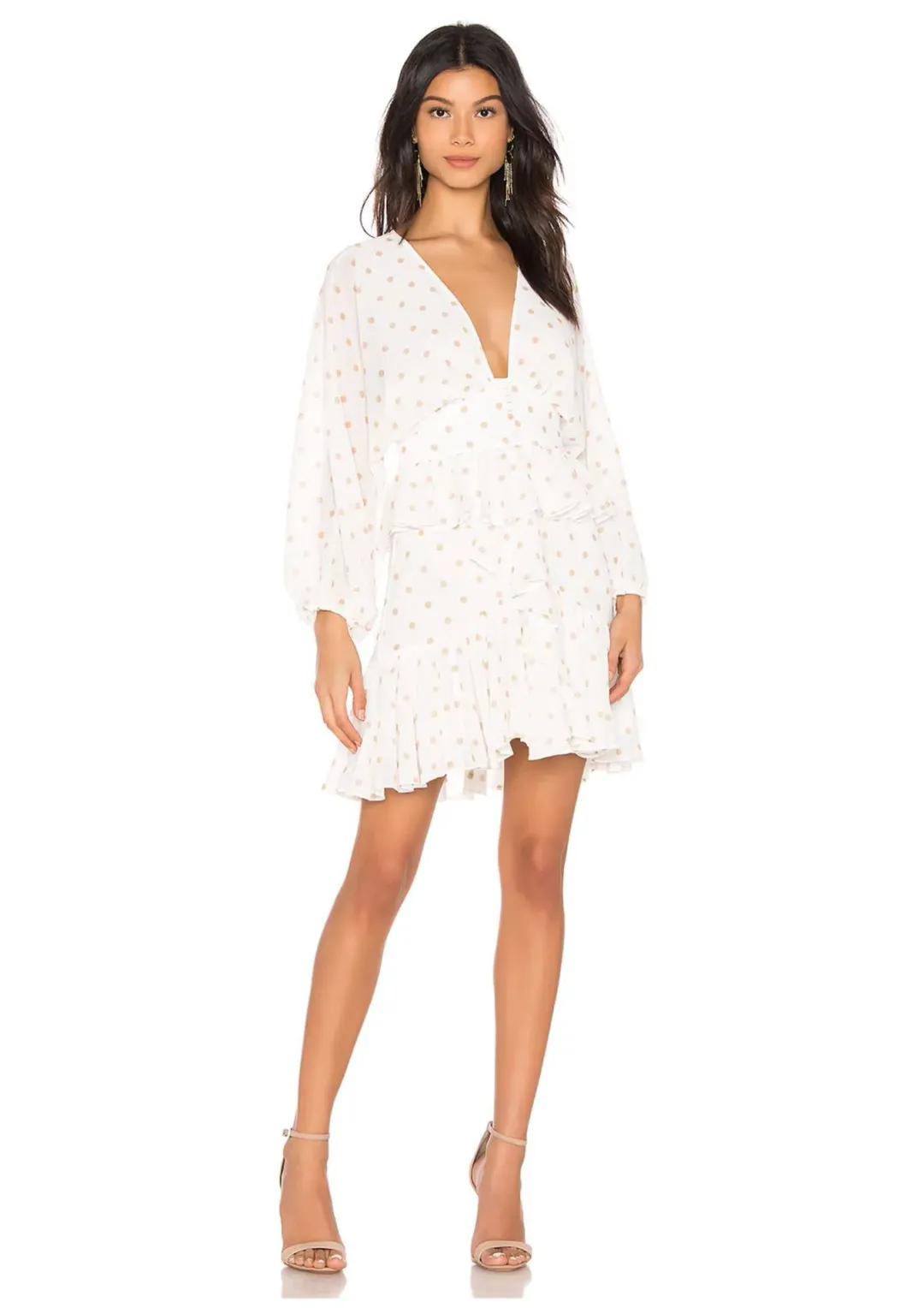 Shona Joy Sophia Plunged Ruffle Mini Dress White/Nude Spot Size 8 for rent on The Volte - main image