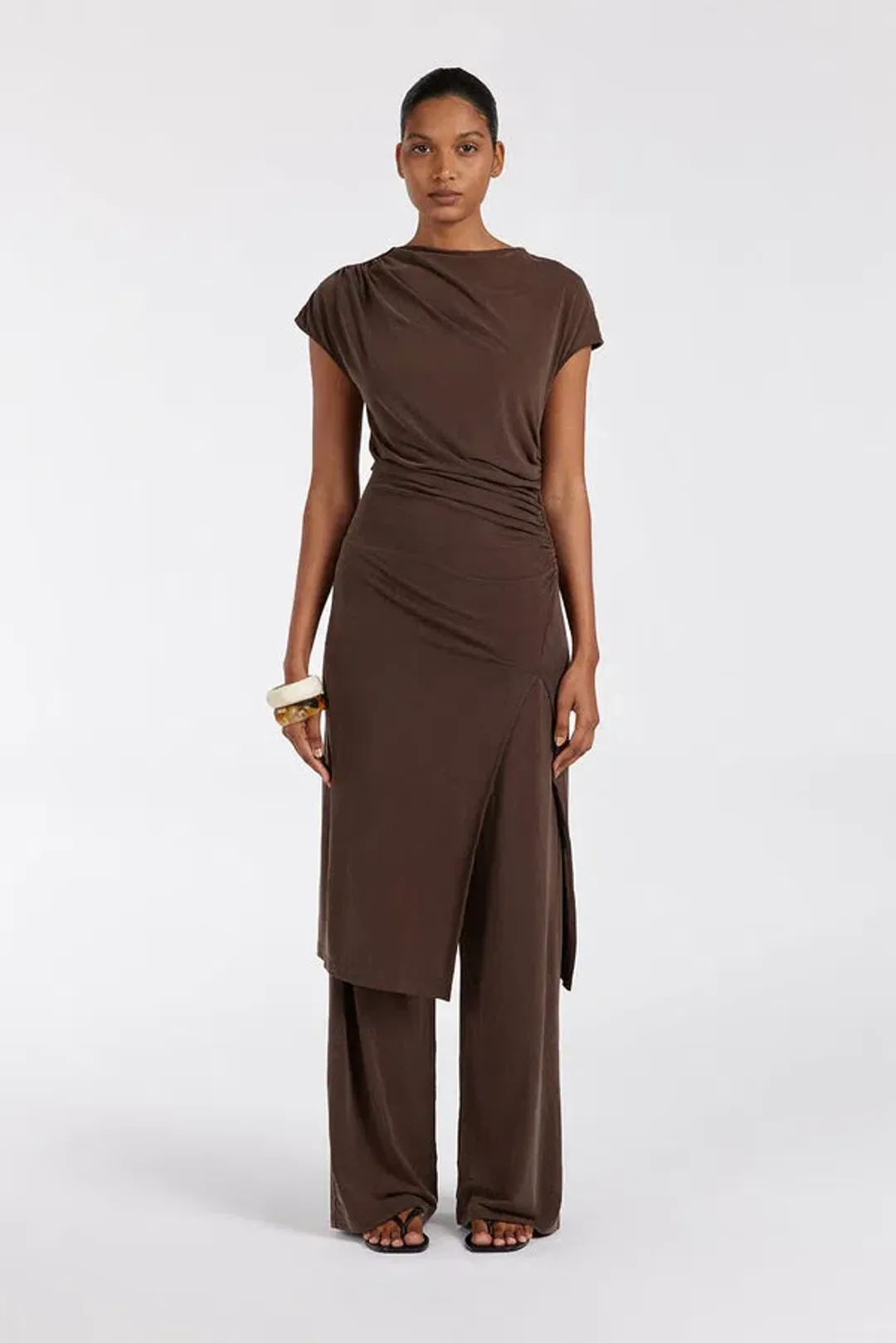 Dissh Rio Bitter Choc Draped Tunic Top & Wide Leg Modal Pant Set Brown Size 8 for rent on The Volte - main image