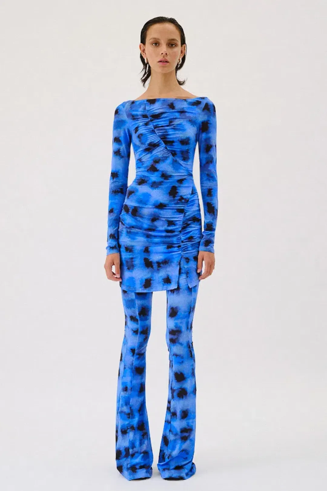 Suboo Shibori Long Sleeve Off Shoulder Dress Mini Blue Size 8 for rent on The Volte - main image