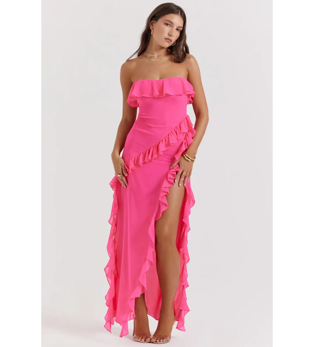 House of CB Sarina Ruffle Maxi Dress Fuchsia Size XS / AU 6 for rent on The Volte - main image