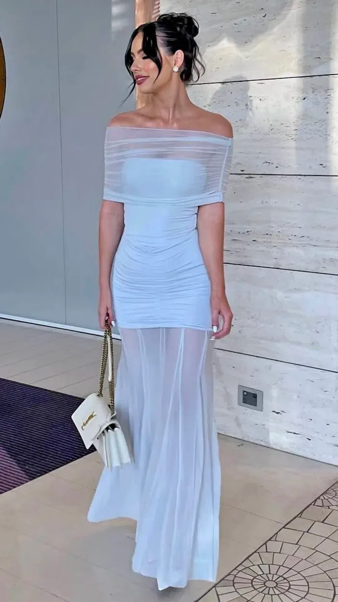 Meshki Caspian Slinky And Mesh Off Shoulder Maxi Dress Pale Blue Size 10 for rent on The Volte - main image